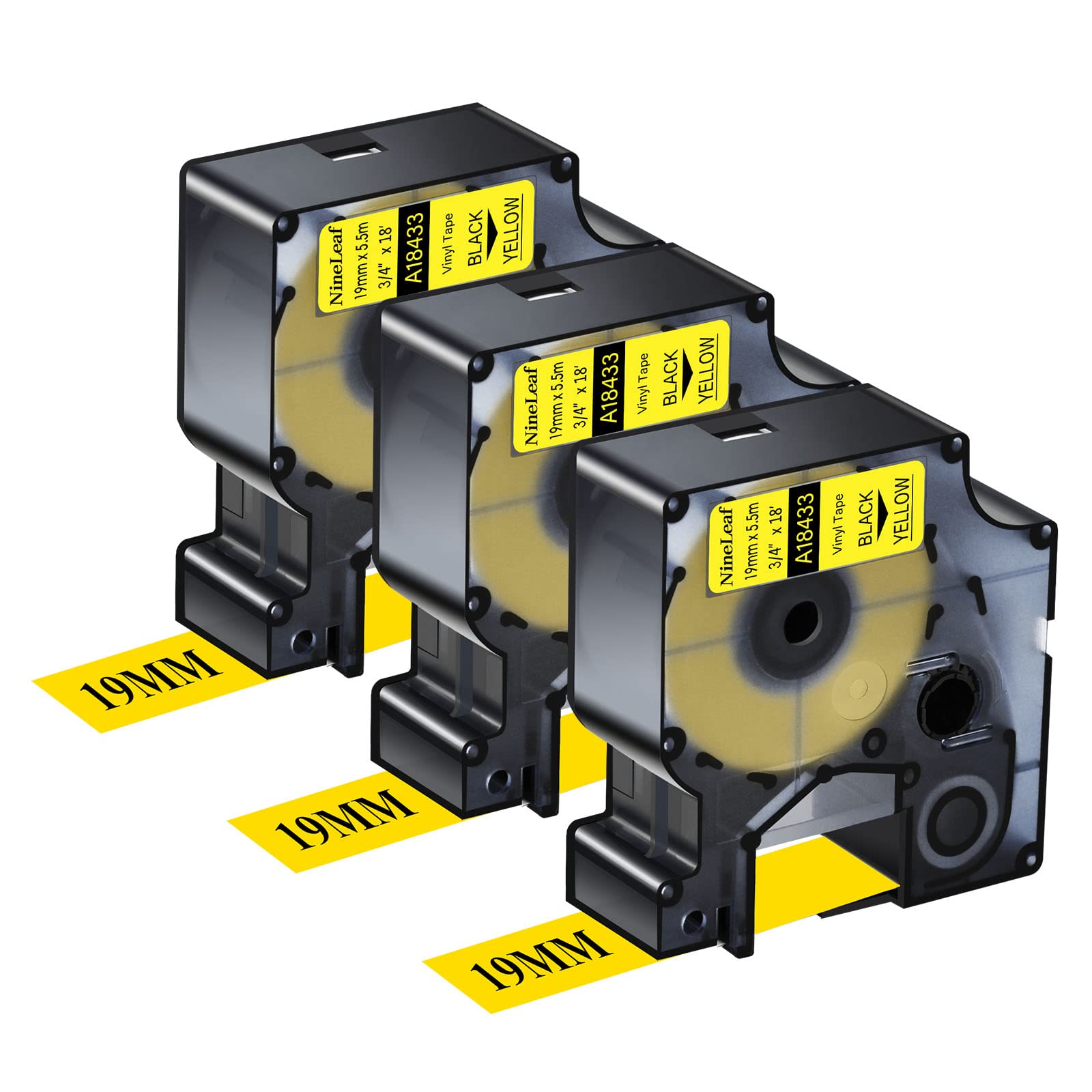 NineLeaf 3 Pack Black on Yellow Vinyl Permanent Industrial Label